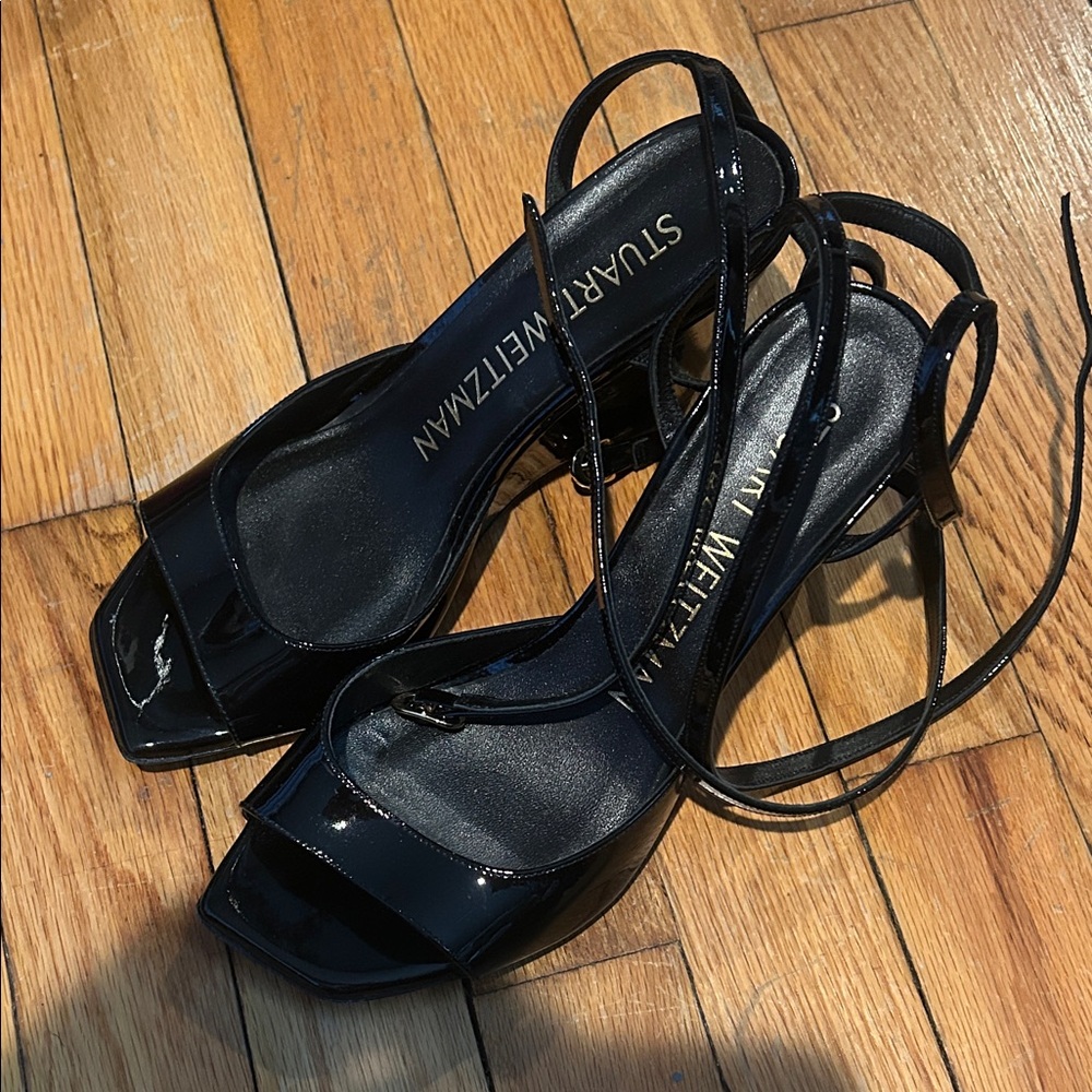 Stuart Weitzman Glossy Black Strappy Heels